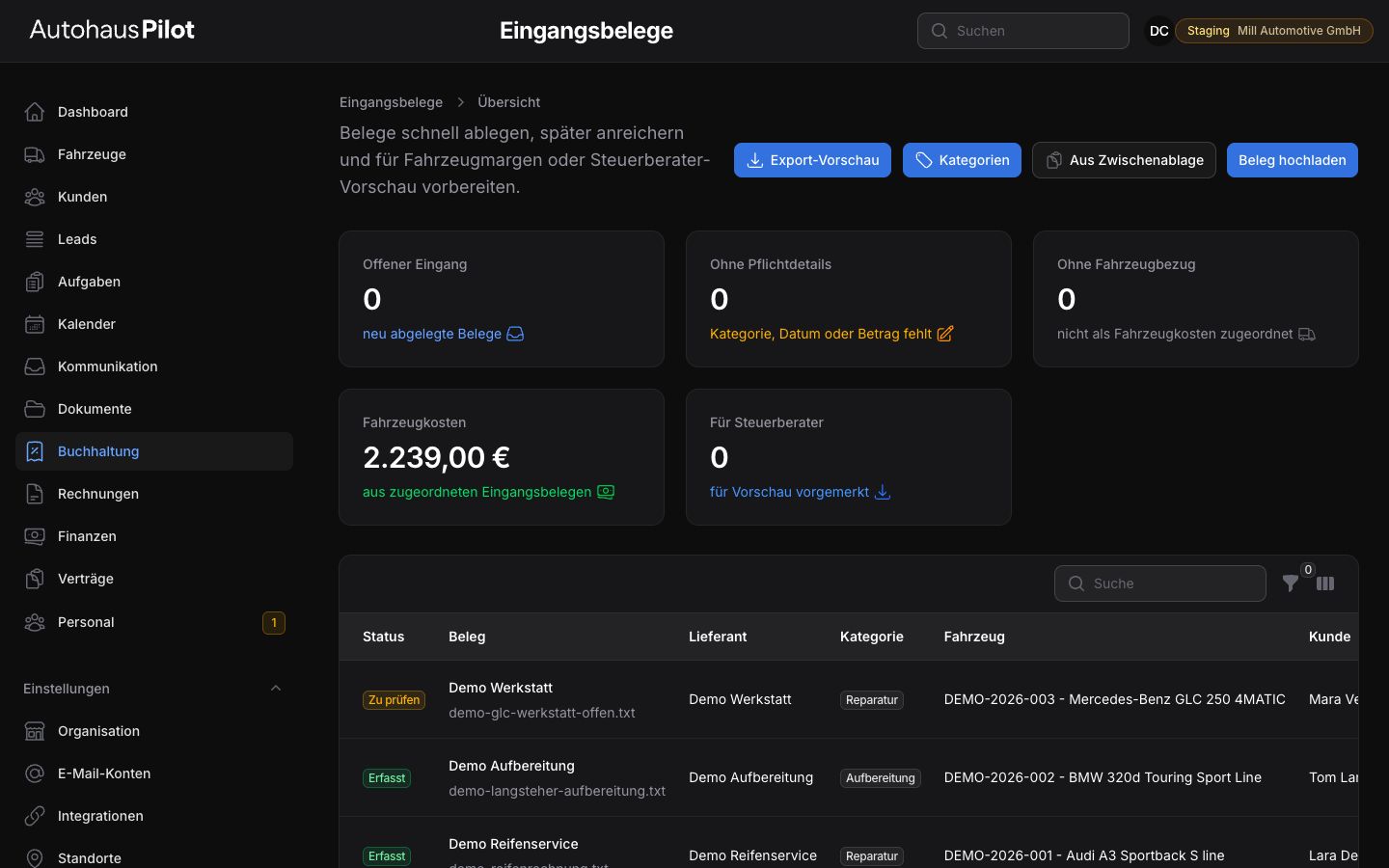 Eingangsbelege in der AutohausPilot Staging-Demo mit Status, Lieferant und Fahrzeugbezug.