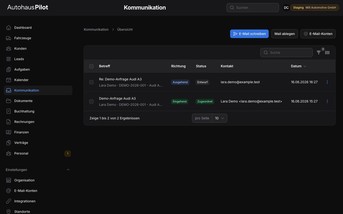 Kommunikationsbereich der AutohausPilot Staging-Demo mit E-Mail-Einträgen.
