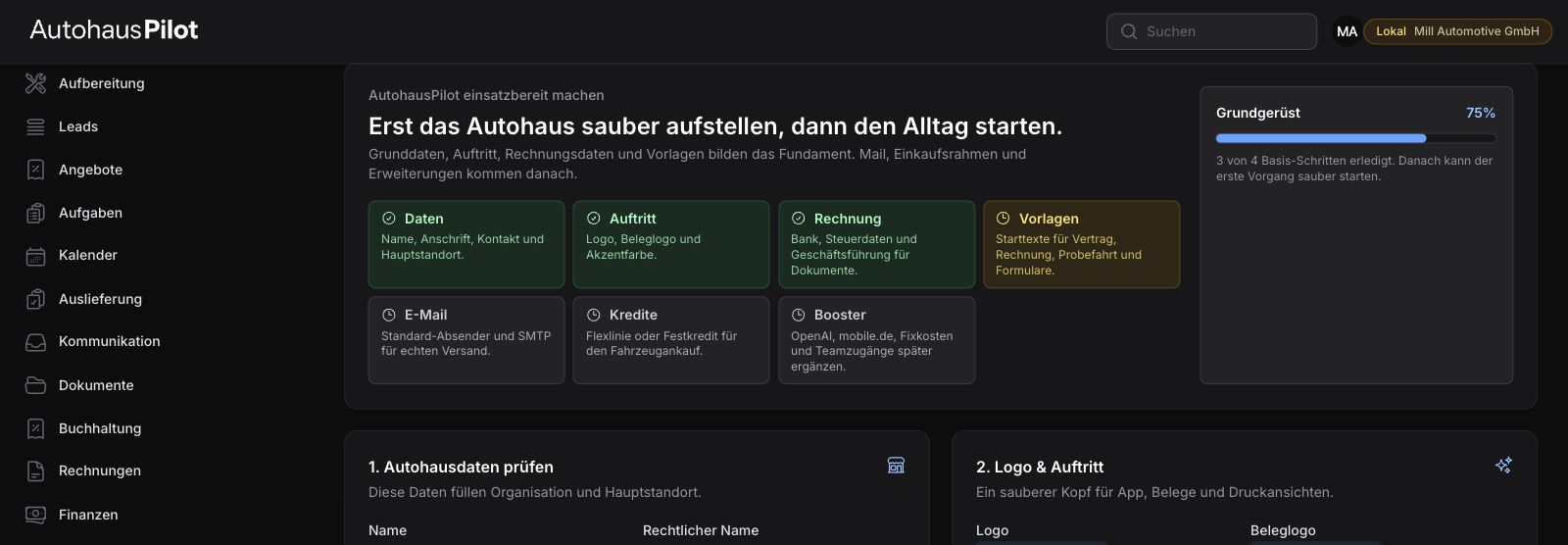 Einrichtungsübersicht eines Autohauses in AutohausPilot mit Grundgerüst und optionalen Erweiterungen.